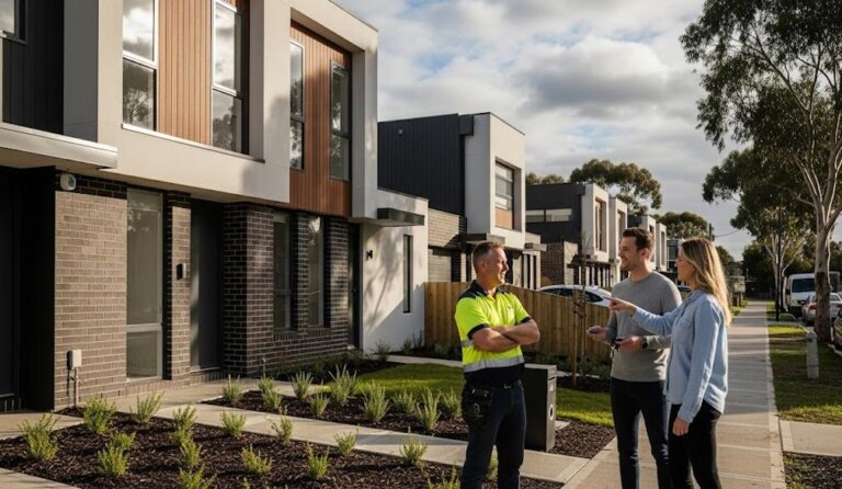 Investors talking to builder outside newly constructed residence.