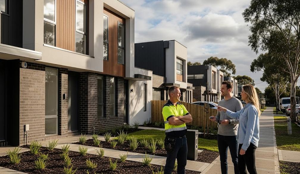 Investors talking to builder outside newly constructed residence.